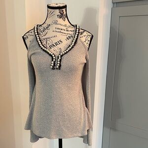 Sexy Gray Cold Shoulder Women's Sweater with Pearl Accents by Venus in Size XS